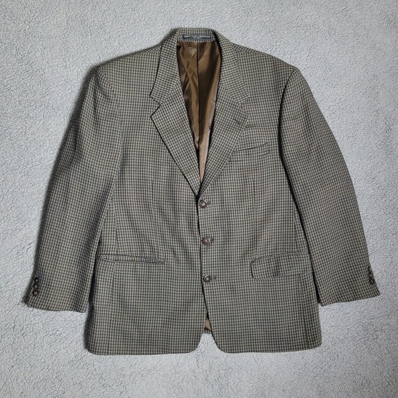 Petrocelli Blazer Mens 42 Taupe Blue Wool Plaid Check Sport Coat Jacket Office - Picture 1 of 7